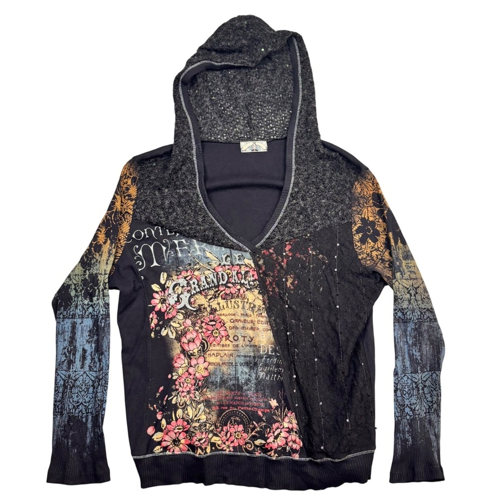 Vanilla Sugar Y2K Graphic Lace Sequin Hoodie Top Black Mixed Media USA 1X